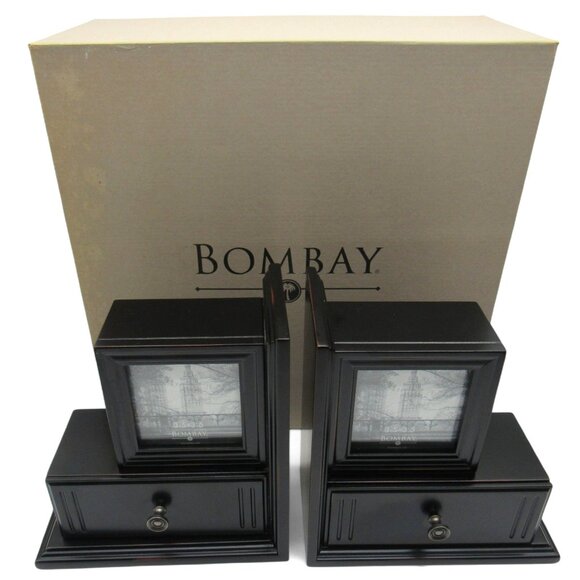 BOMBAY Photo Frame Wood BOOKENDS Set of 2 With Drawers Boxed - Picture 1 of 14